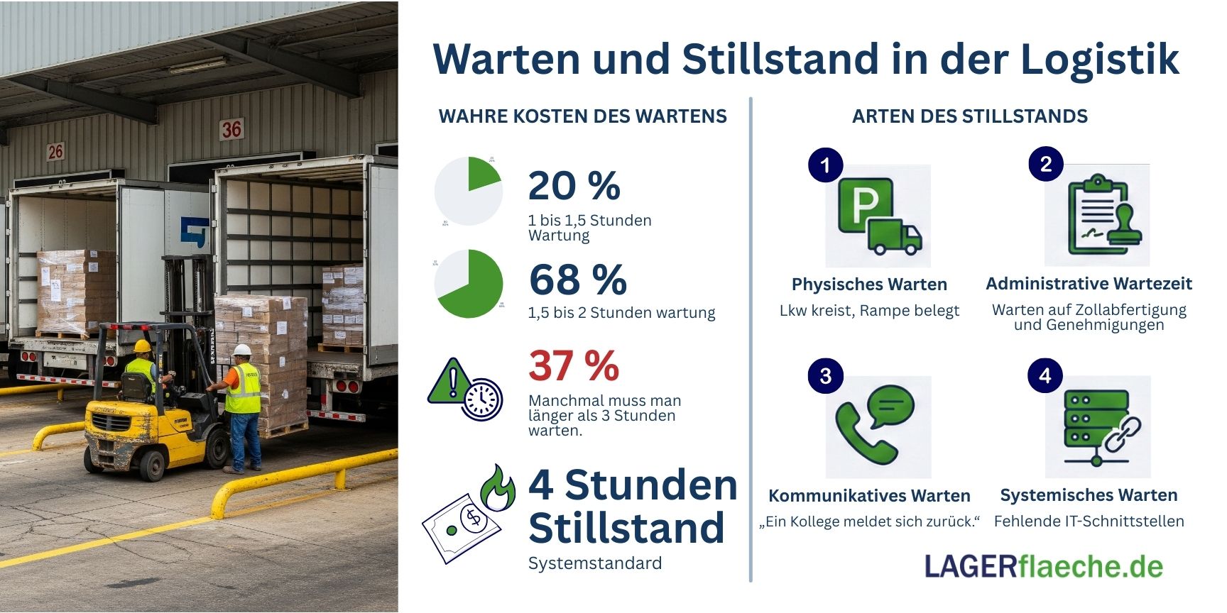 Infografik zu den versteckten Kosten in der Logistik: Statistiken zu LKW-Wartezeiten (68% warten 1,5–2 Std.) kombiniert mit den vier Arten des Stillstands (physisch, administrativ, kommunikativ, systemisch).